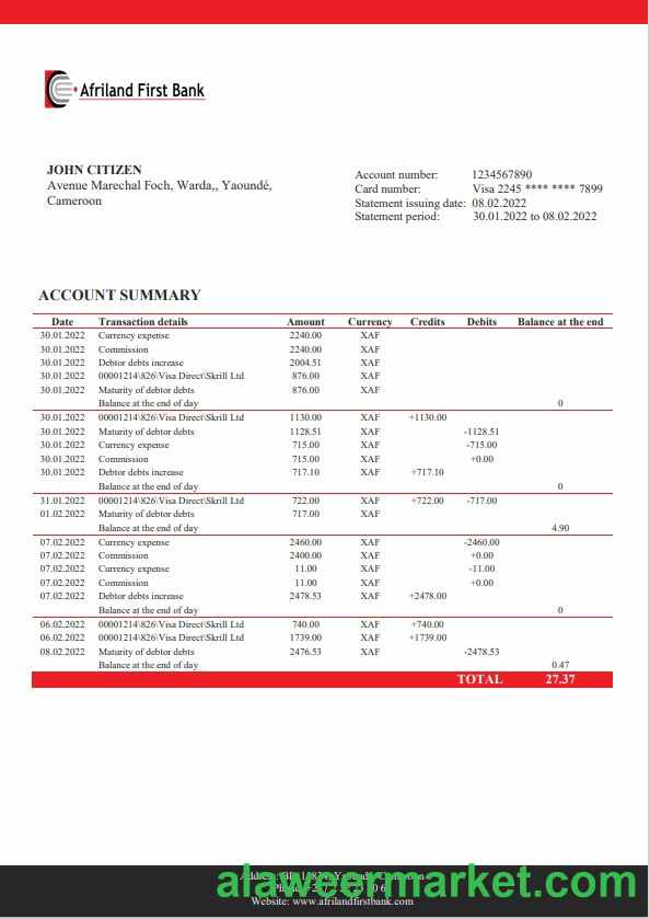 Cameroon Afriland First bank statement Word and PDF template